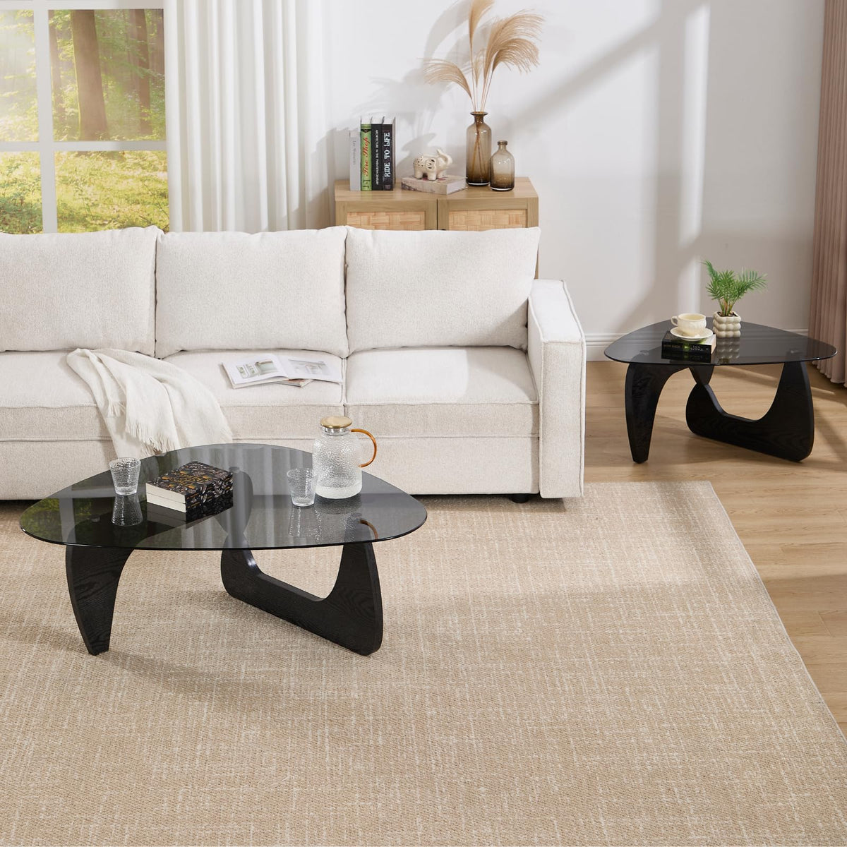 Modern Triangle Glass Coffee Table with Wood Base S59455