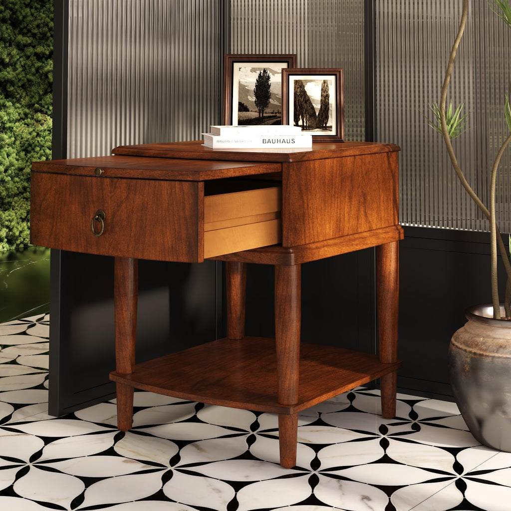 Large Cherry Wood 2-Tier Side Table with Drawer and Shelf E336