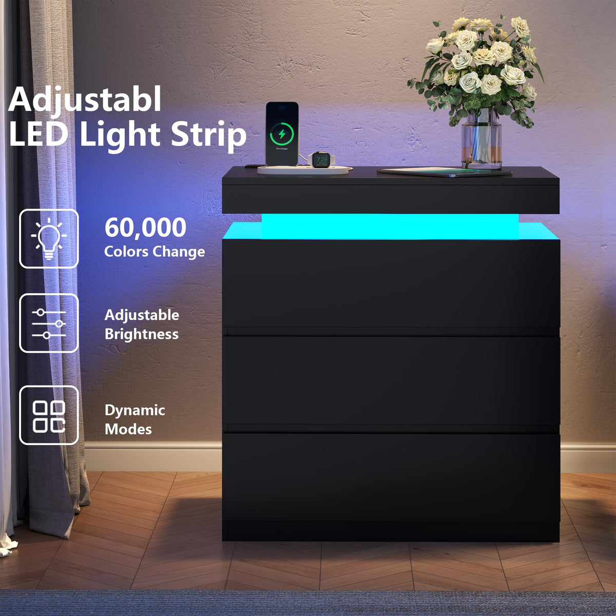 Nightstand with Charging Station, LED Lights, 3 Storage Drawers J5270