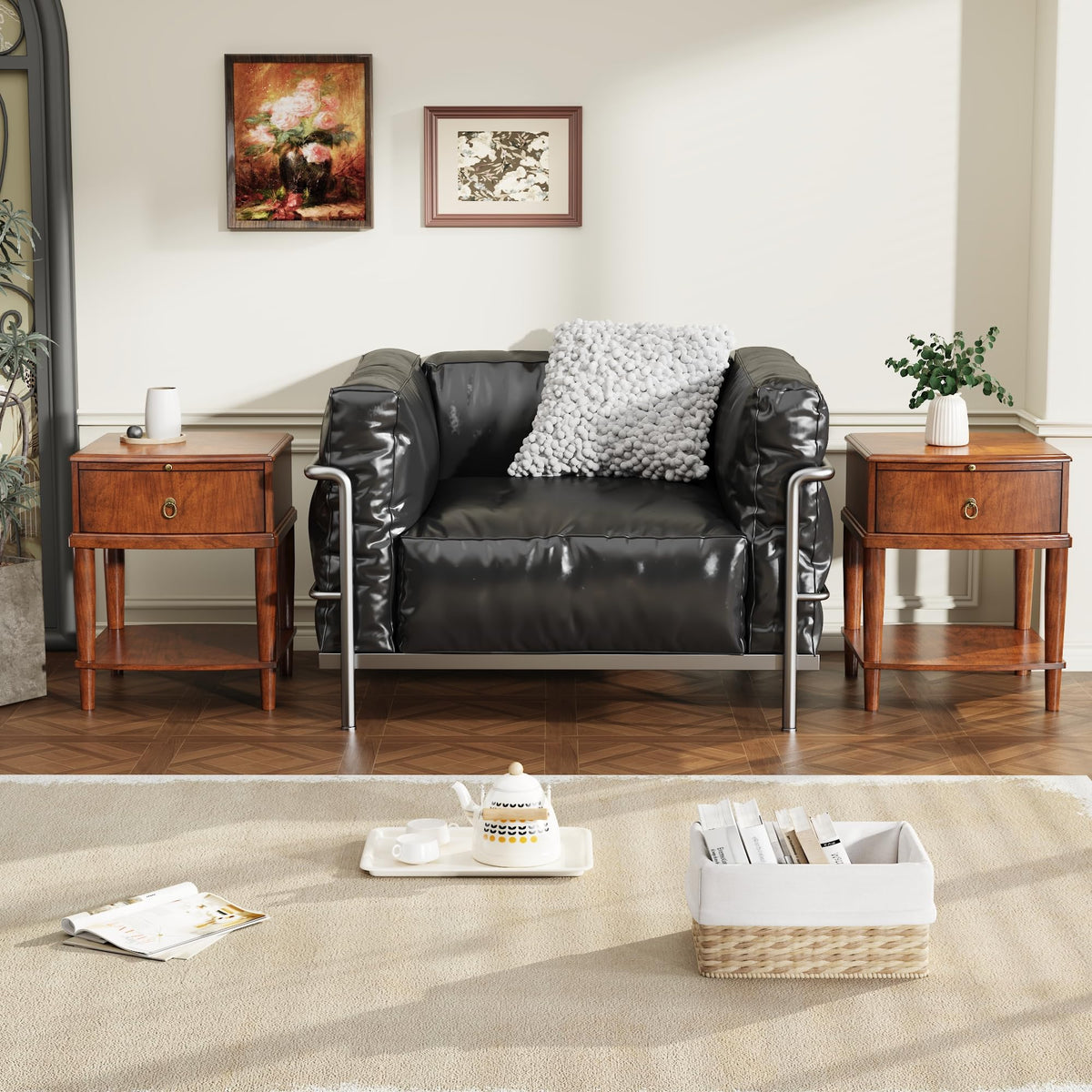 Large Cherry Wood 2-Tier Side Table with Drawer and Shelf E336