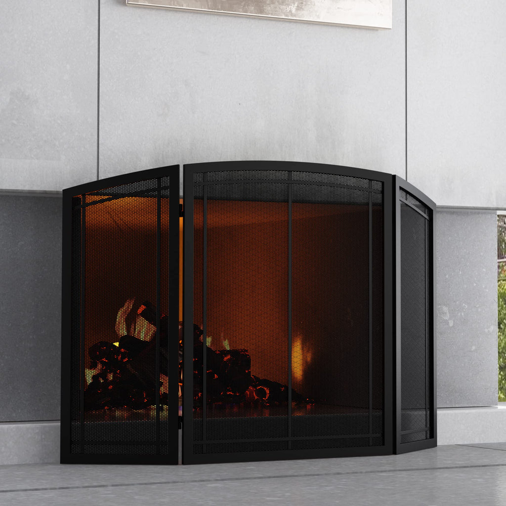 Black 3 Panel Wrought Iron Fireplace Screen 48x30 Inch X423