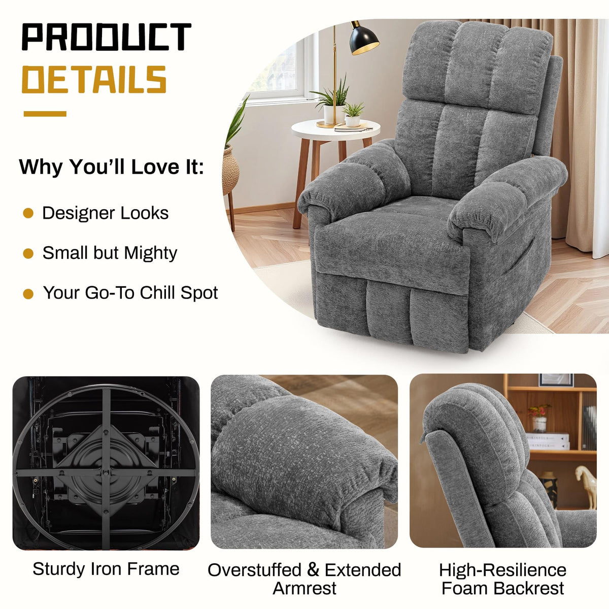 Grey Chenille Swivel Rocker Recliner Chair D9344