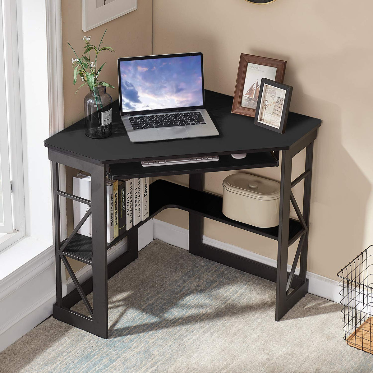 Black Corner Computer Desk with Keyboard Tray J12032