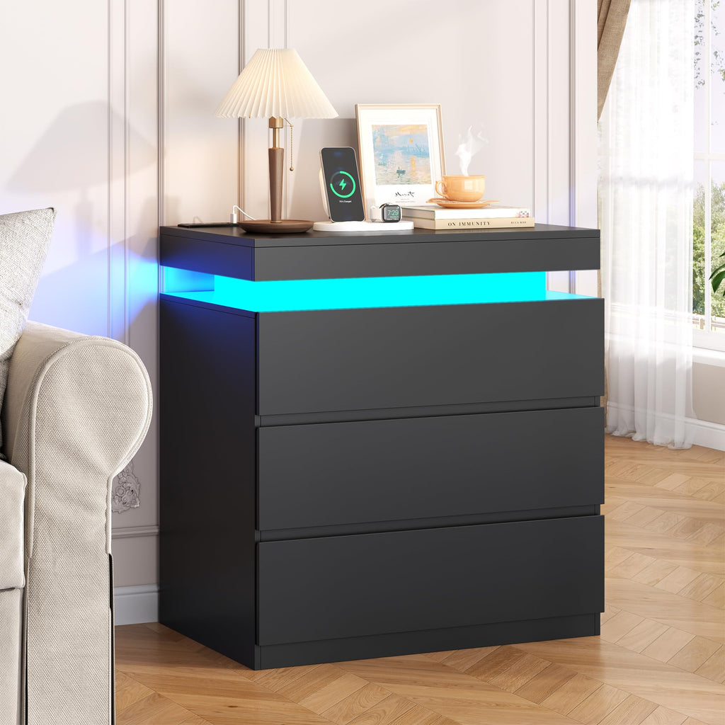Nightstand with Charging Station, LED Lights, 3 Storage Drawers J5270