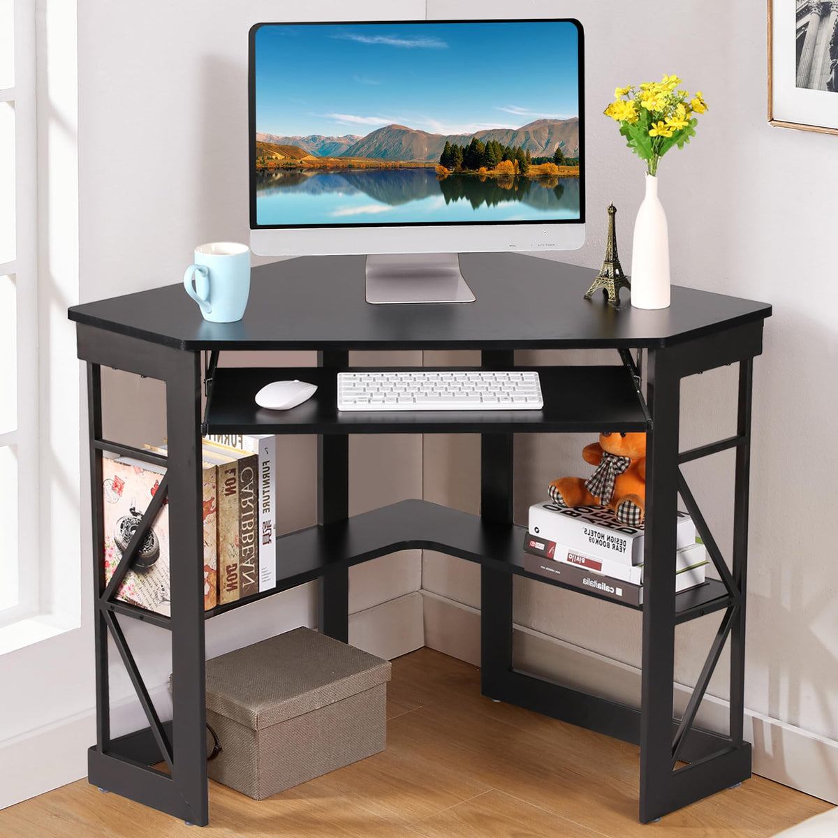 Black Corner Computer Desk with Keyboard Tray J12032