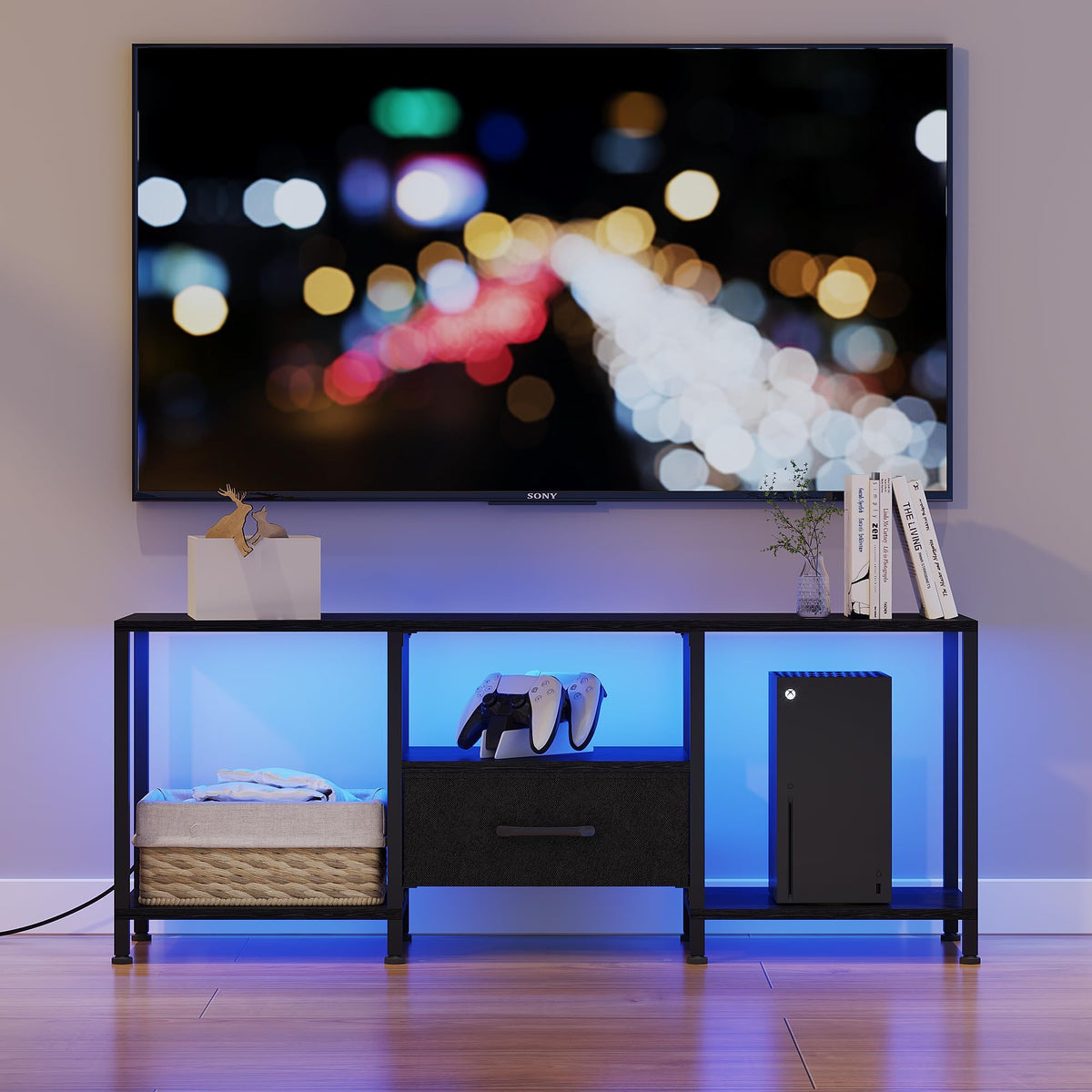 Black TV Stand with LED Lights and Fabric Drawer H94516