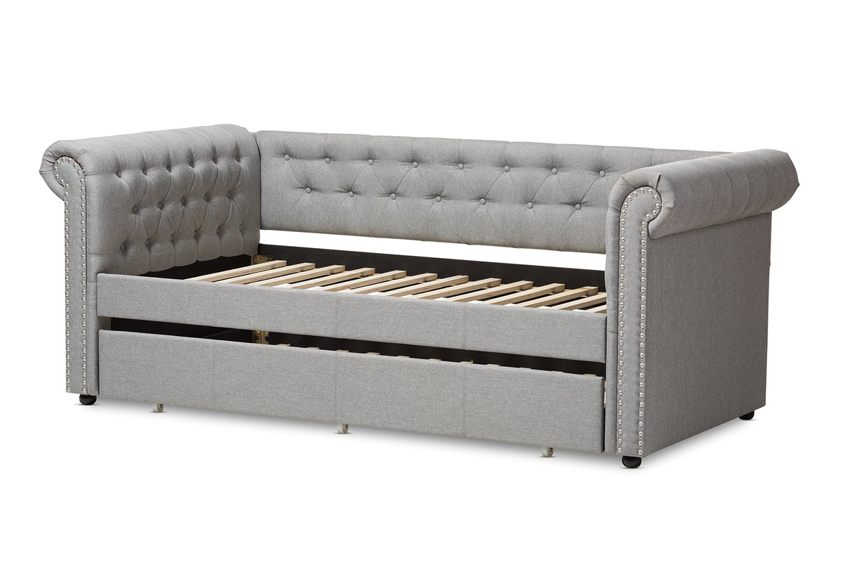 Light Beige Fabric Trundle Daybed T716381