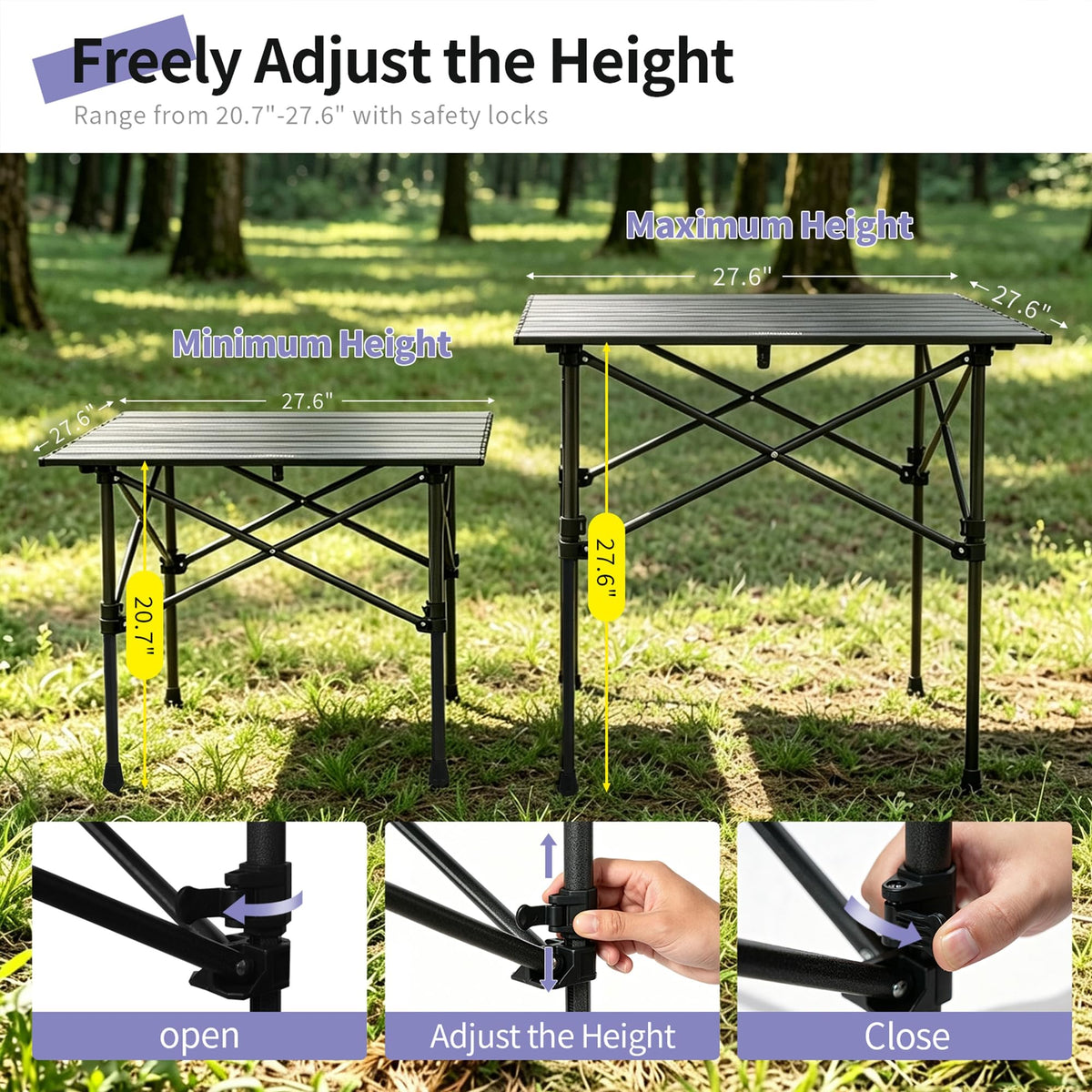 Square Folding Adjustable Height Camping Table, Black E87980