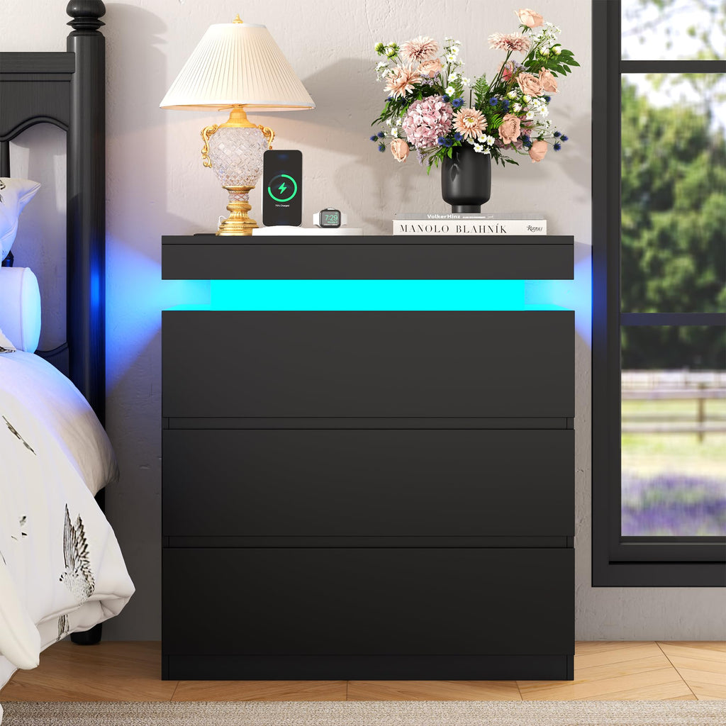 Nightstand with Charging Station, LED Lights, 3 Storage Drawers J5270