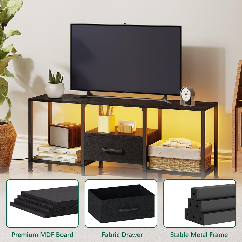 Black TV Stand with LED Lights and Fabric Drawer H94516