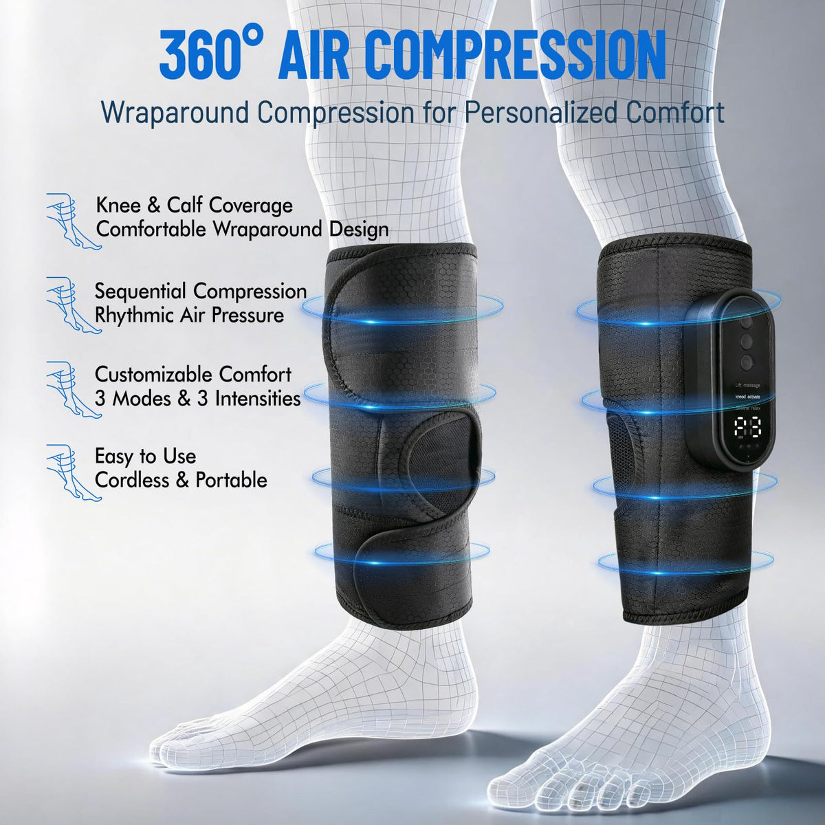 Cordless Air Compression Leg Massager with Heat, 2 Pack (Black) R156