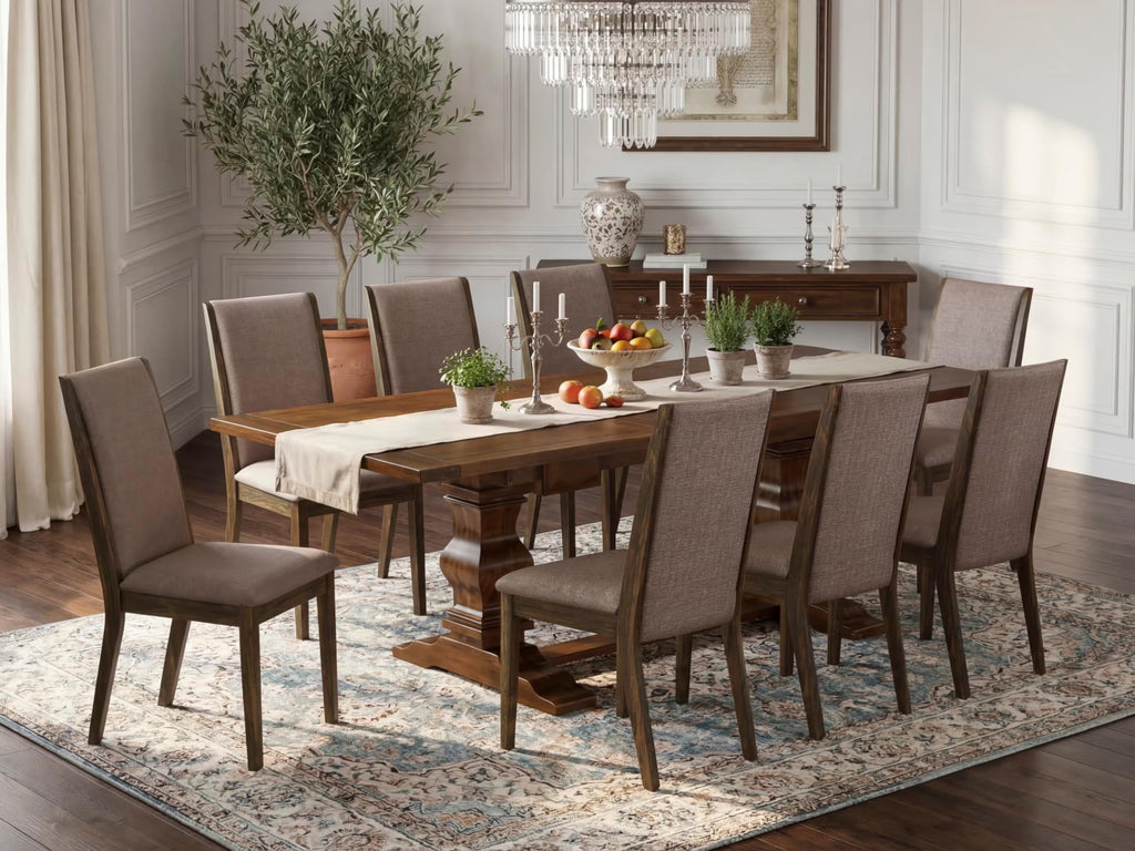 9 Piece Walnut Dining Table Set with Butterfly Leaf and 8 Dark Khaki Linen Fabric Chairs M707