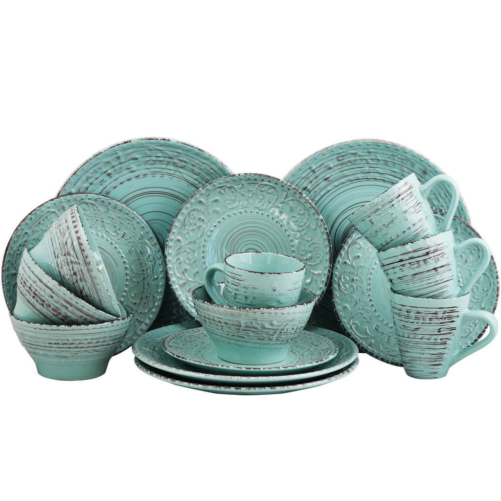 Turquoise 16 Piece Embossed Stoneware Dish Set K4039