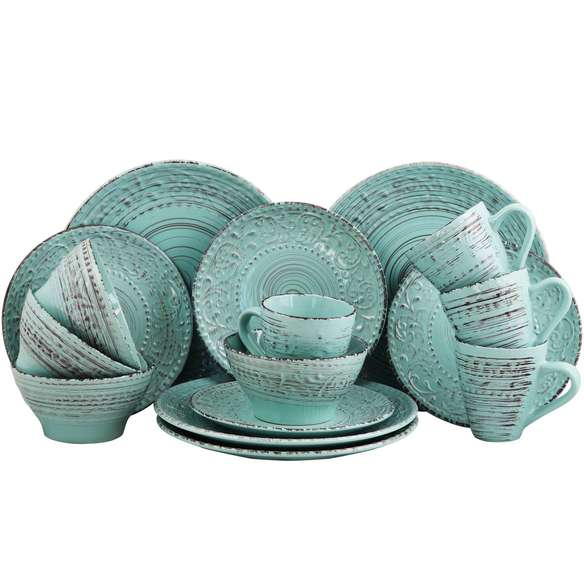 Turquoise 16 Piece Embossed Stoneware Dish Set K4039