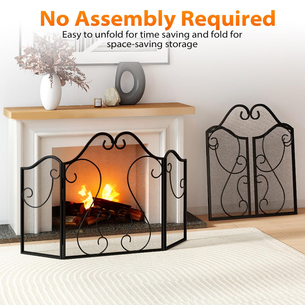 3-Panel Folding Fireplace Screen with Metal Mesh A935351