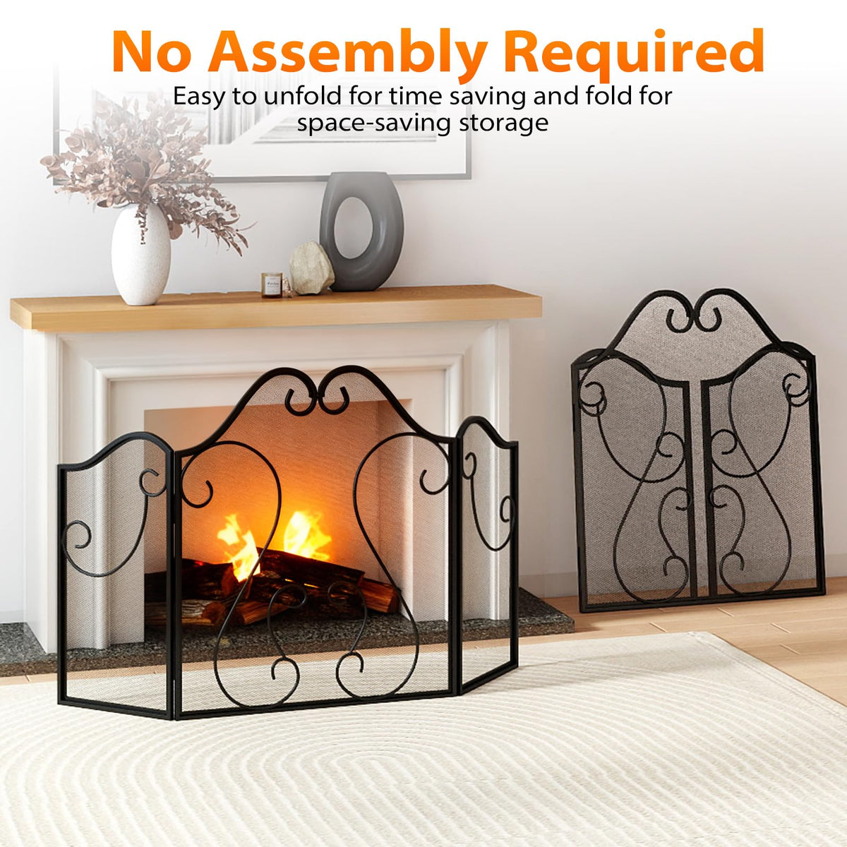 3-Panel Folding Fireplace Screen with Metal Mesh A935351