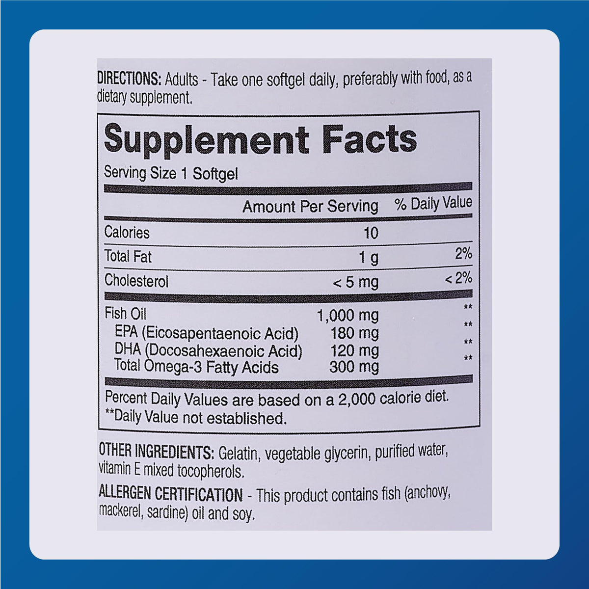 Omega-3 Fish Oil Supplement 1000mg 100 Softgels J91049
