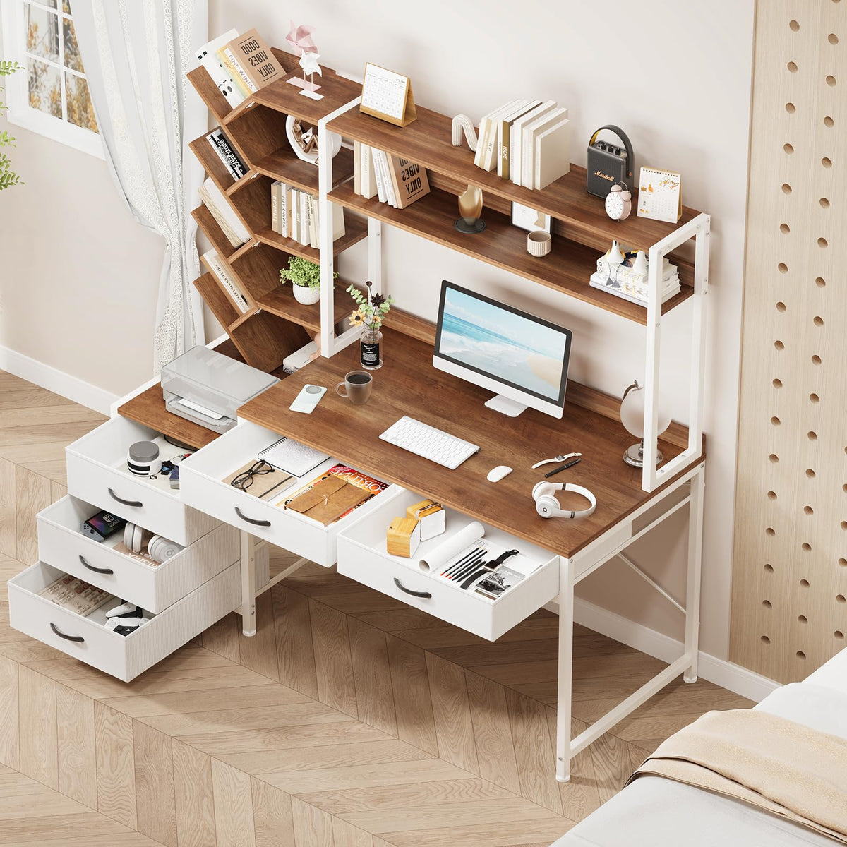 52" Computer Desk with Bookshelf, 5 Drawers & Hutch Y958