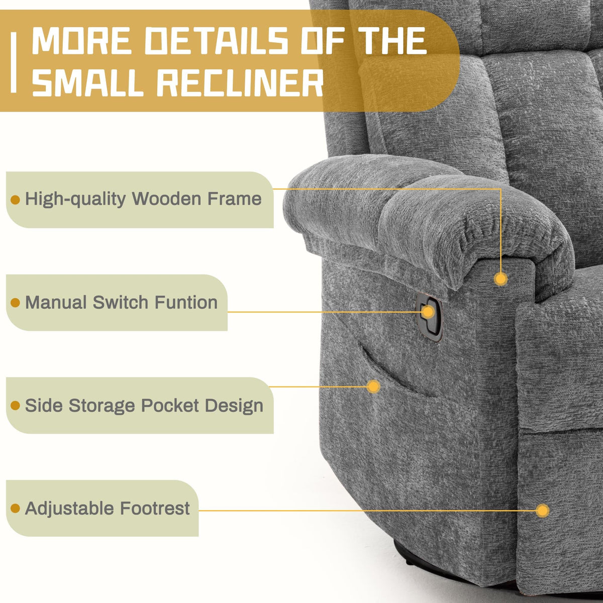 Grey Chenille Swivel Rocker Recliner Chair D9344