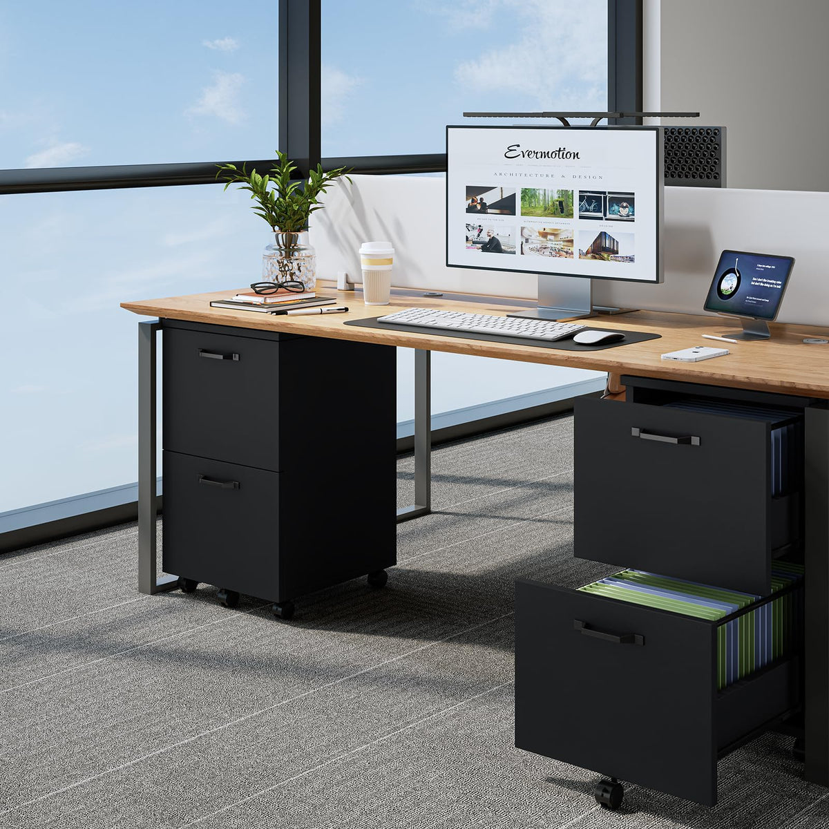 Black 2 Drawer Rolling Wood Filing Cabinet Z480