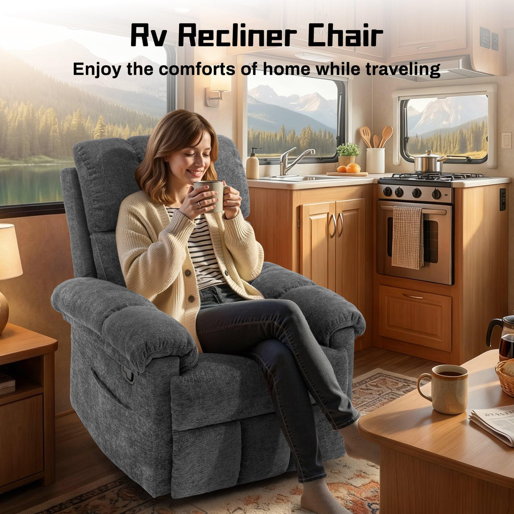 Grey Chenille Swivel Rocker Recliner Chair D9344