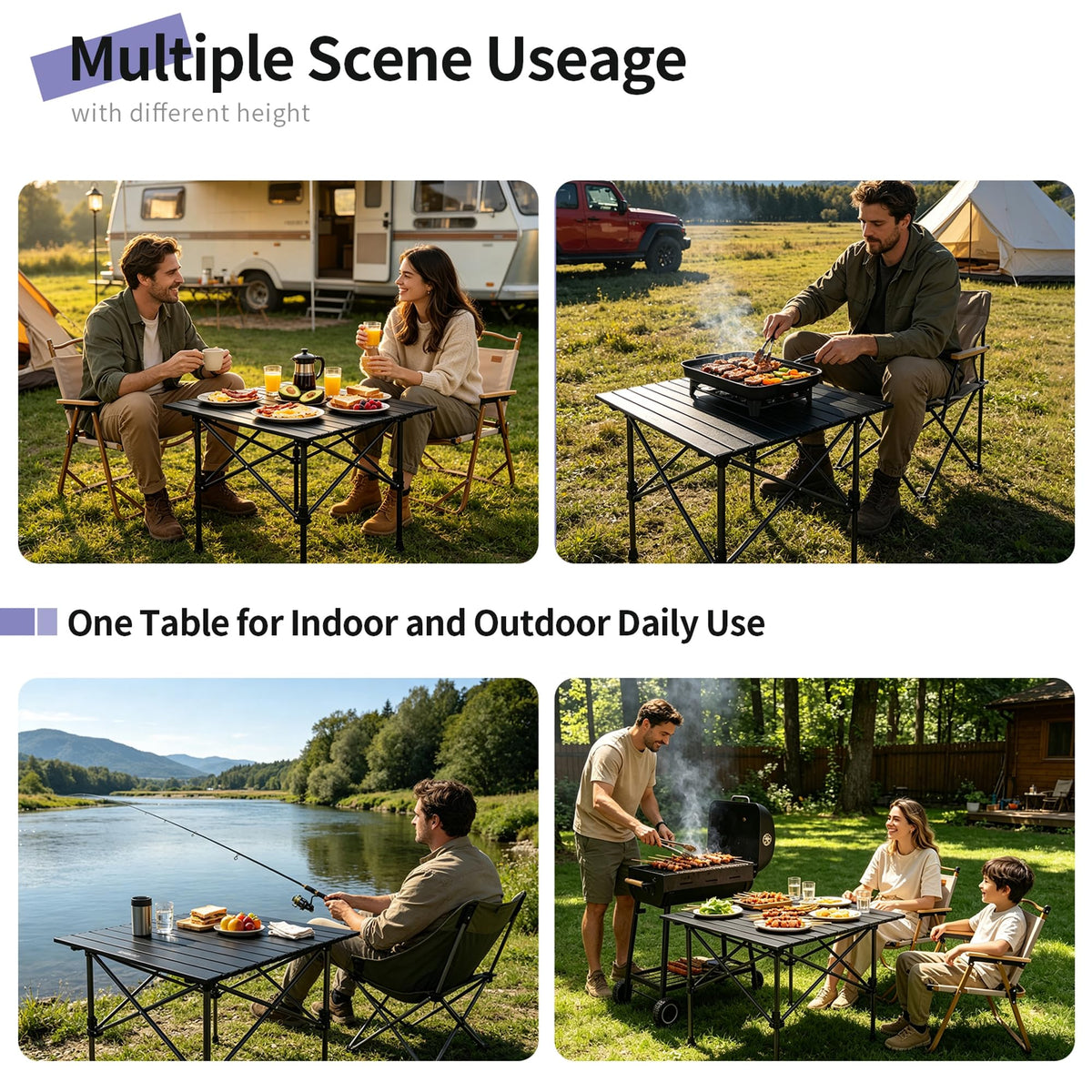 Square Folding Adjustable Height Camping Table, Black E87980