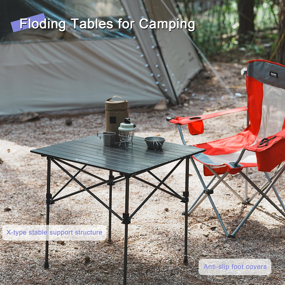 Square Folding Adjustable Height Camping Table, Black E87980