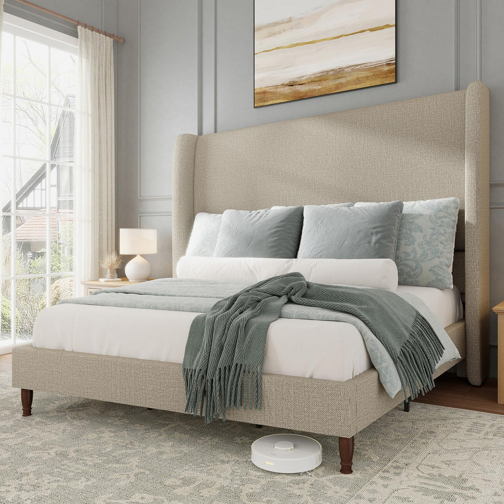 Queen Size Upholstered Wingback Headboard Bed Frame Y990