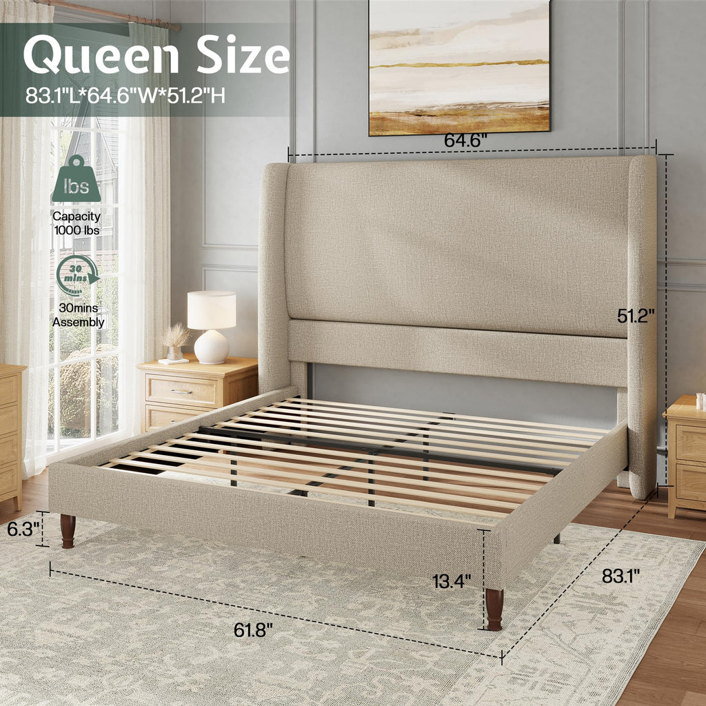 Queen Size Upholstered Wingback Headboard Bed Frame Y990