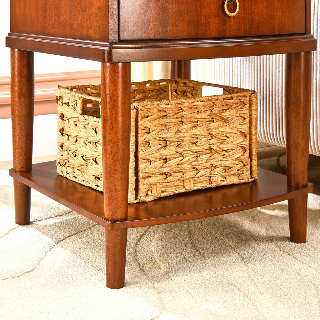 Large Cherry Wood 2-Tier Side Table with Drawer and Shelf E336