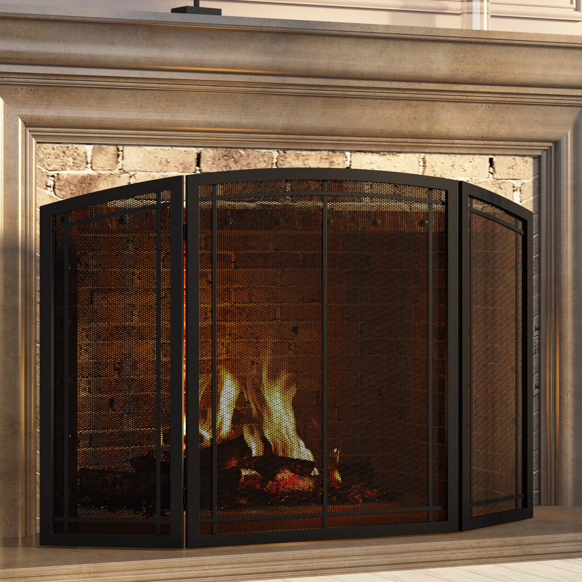 Black 3 Panel Wrought Iron Fireplace Screen 48x30 Inch X423