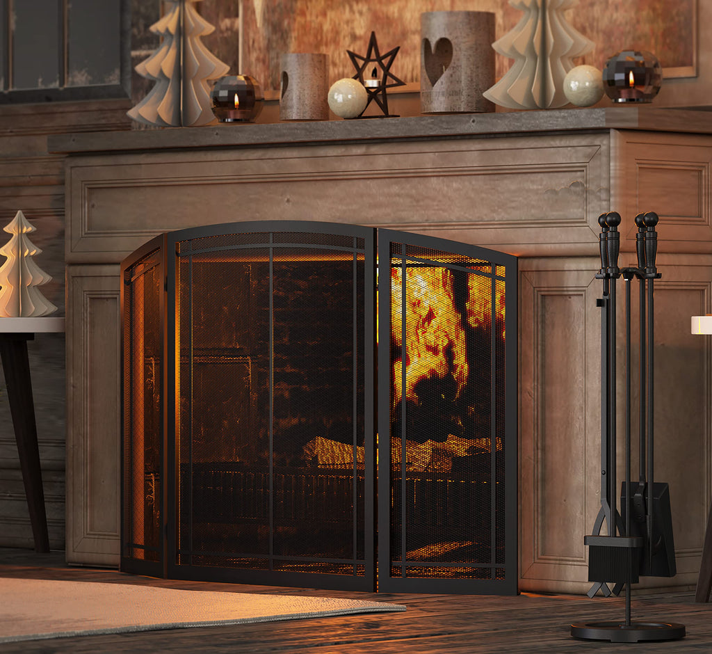 Black 3 Panel Wrought Iron Fireplace Screen 48x30 Inch X423