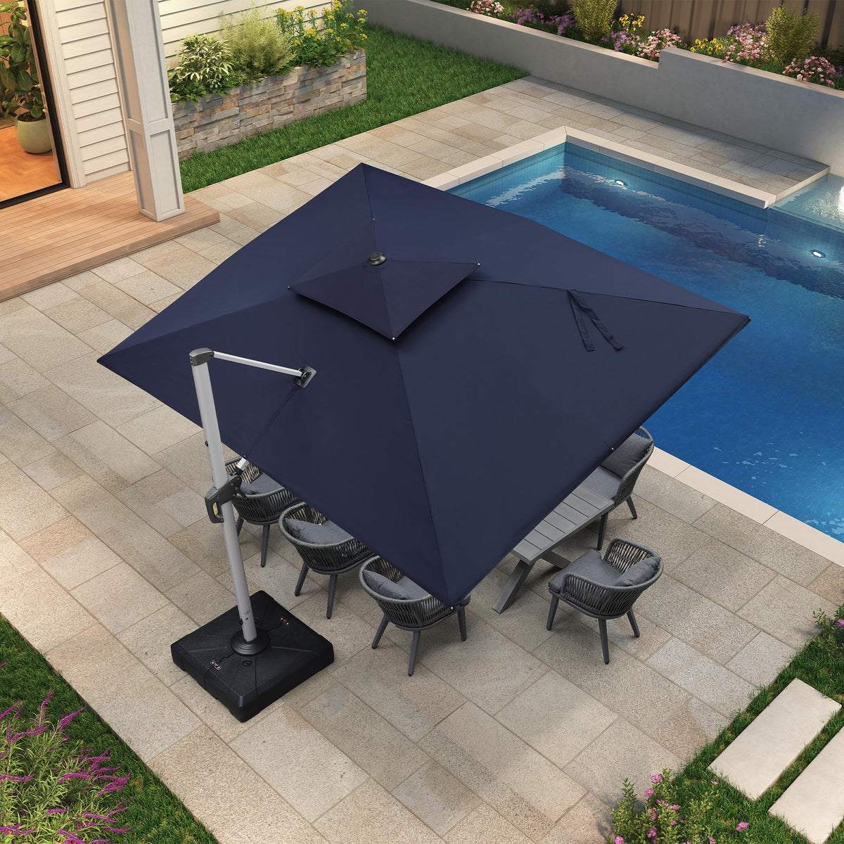 Navy Blue 9' X 12' Patio Cantilever Umbrella with Base Y688