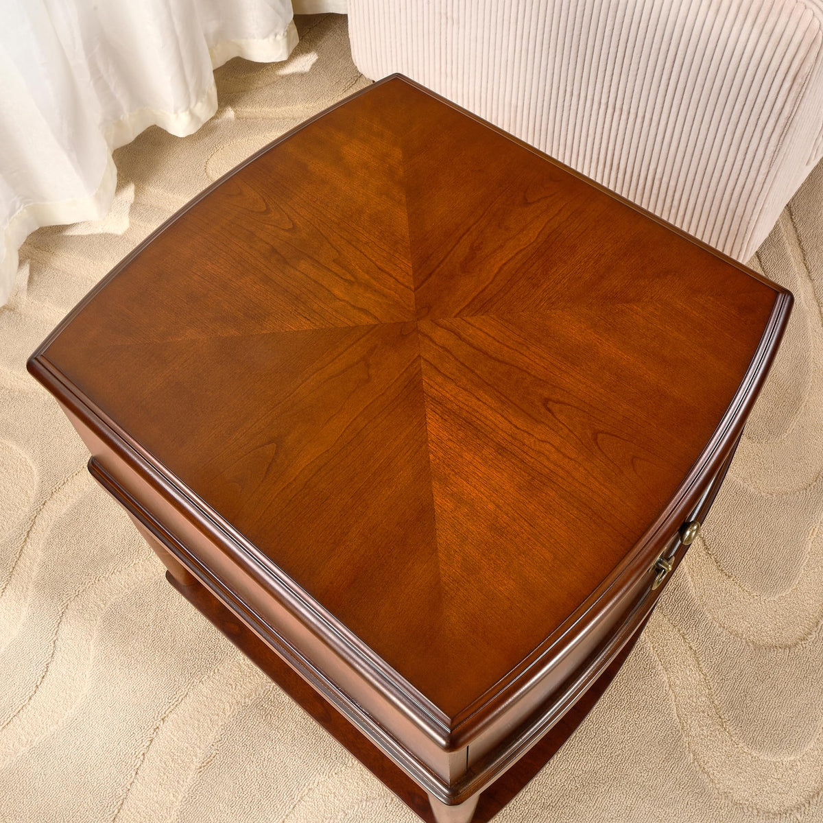 Large Cherry Wood 2-Tier Side Table with Drawer and Shelf E336