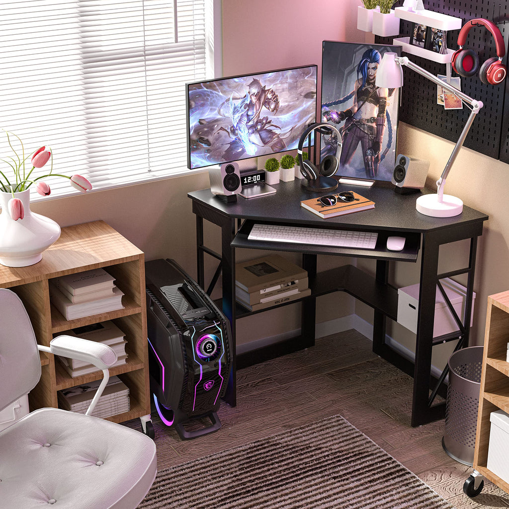 Black Corner Computer Desk with Keyboard Tray J12032