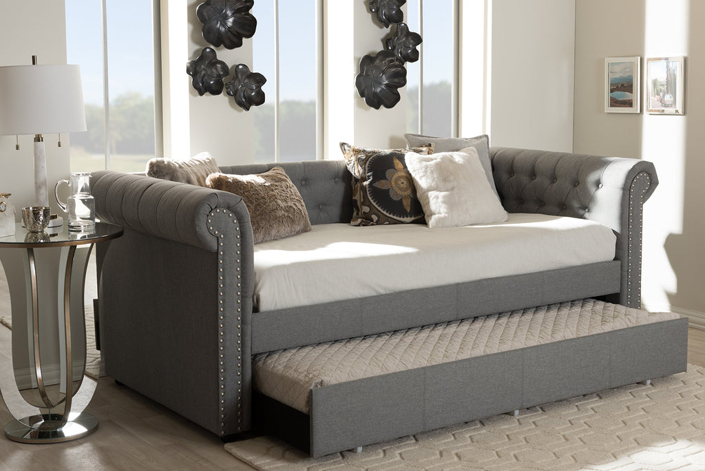 Light Beige Fabric Trundle Daybed T716381