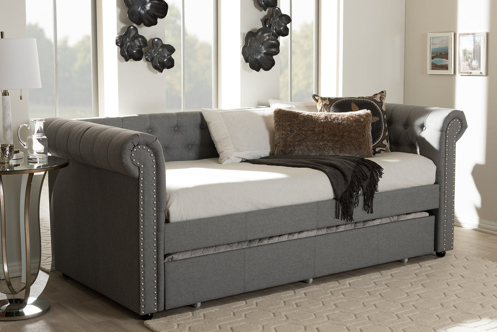 Light Beige Fabric Trundle Daybed T716381