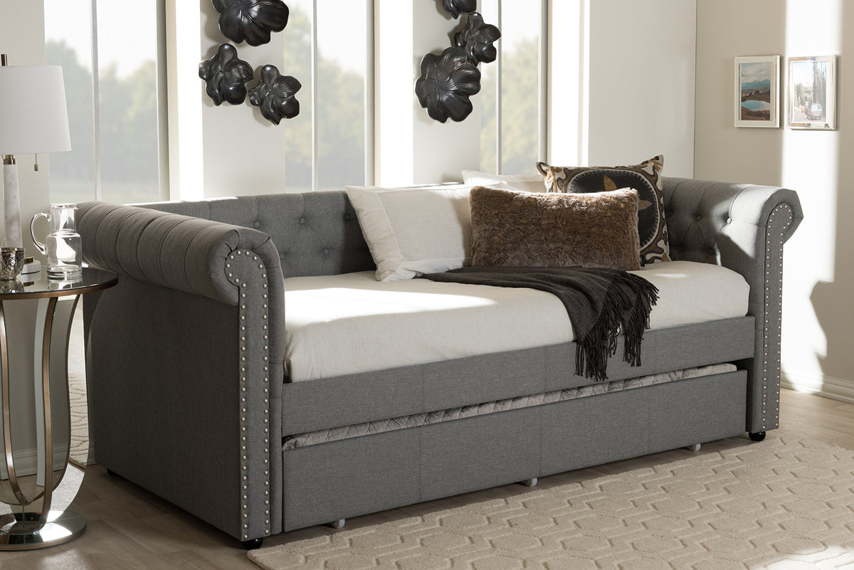 Light Beige Fabric Trundle Daybed T716381