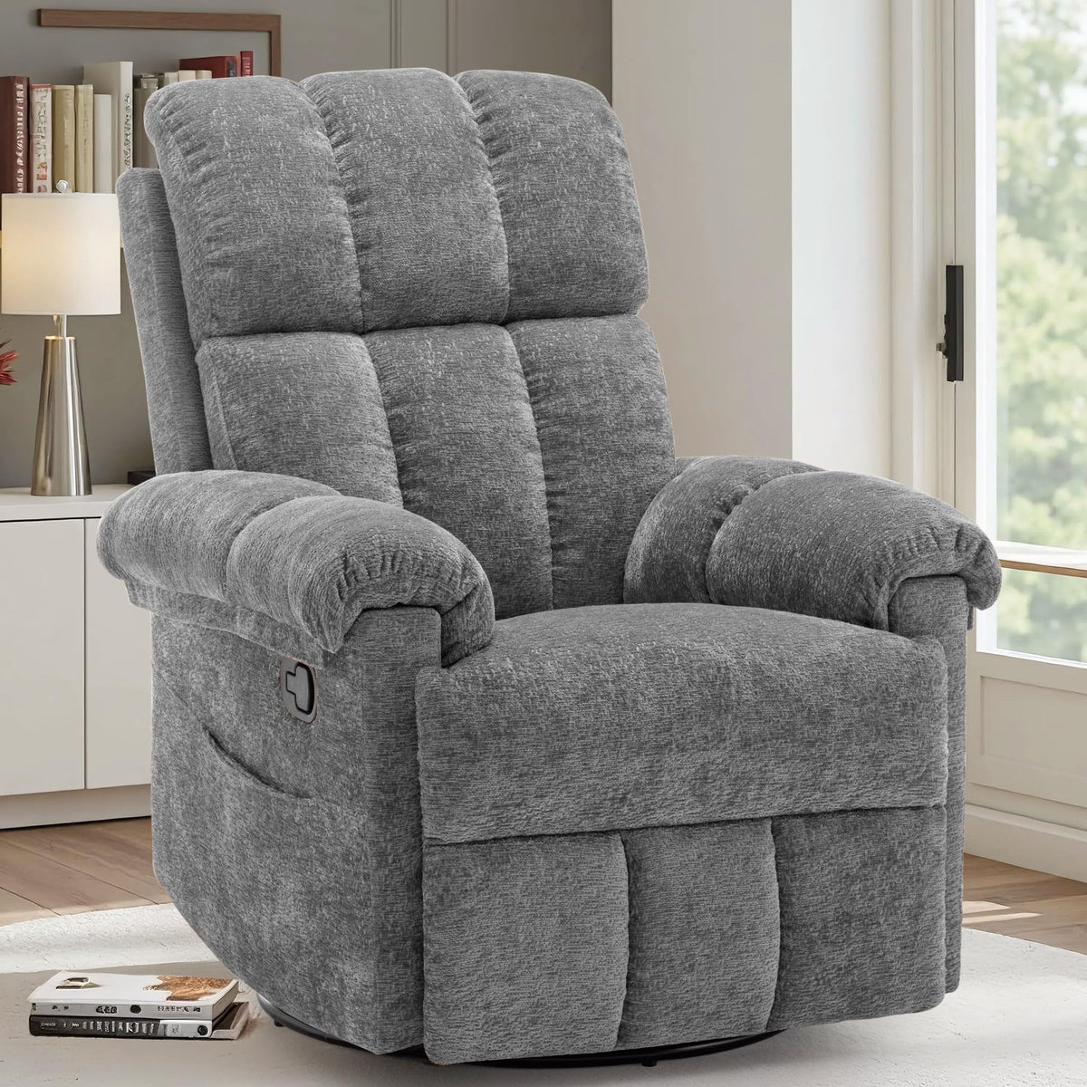 Grey Chenille Swivel Rocker Recliner Chair D9344