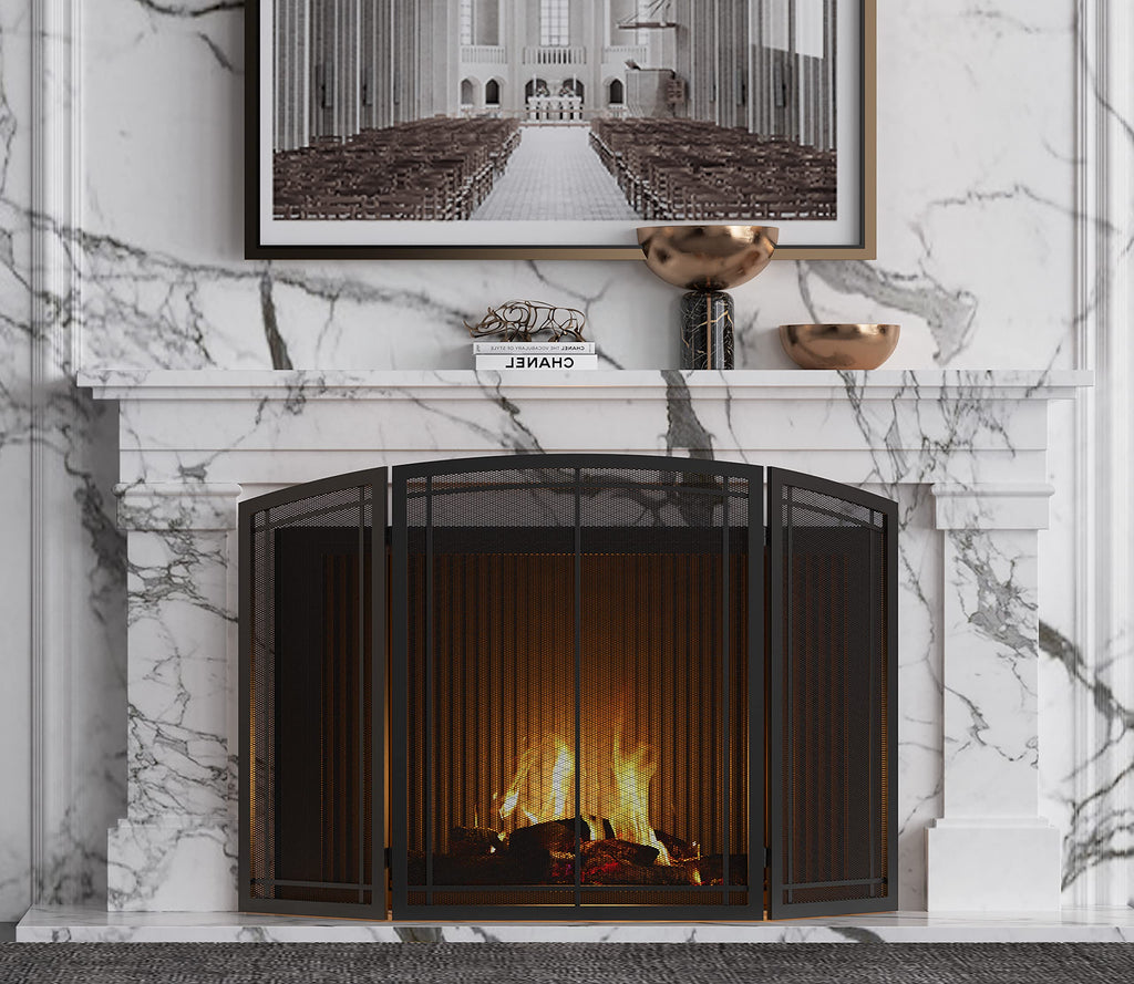 Black 3 Panel Wrought Iron Fireplace Screen 48x30 Inch X423