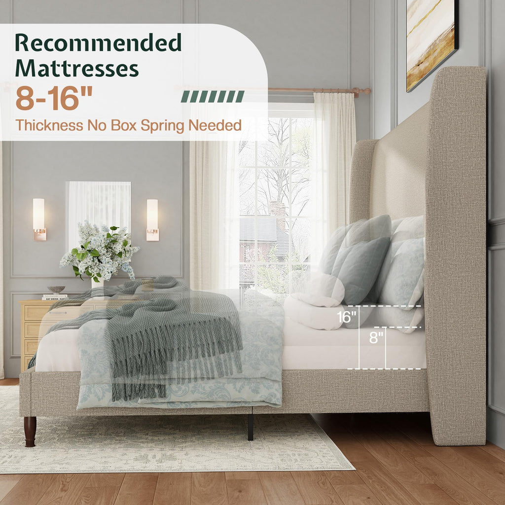 Queen Size Upholstered Wingback Headboard Bed Frame Y990
